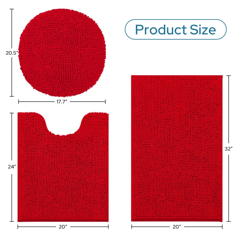 BYSURE Red Bathroom Rugs Sets 3 Piece with Toilet Lid Cover Non Slip Extra Absorbent Plush Chenille Soft Washable Bath Mats - Image 5